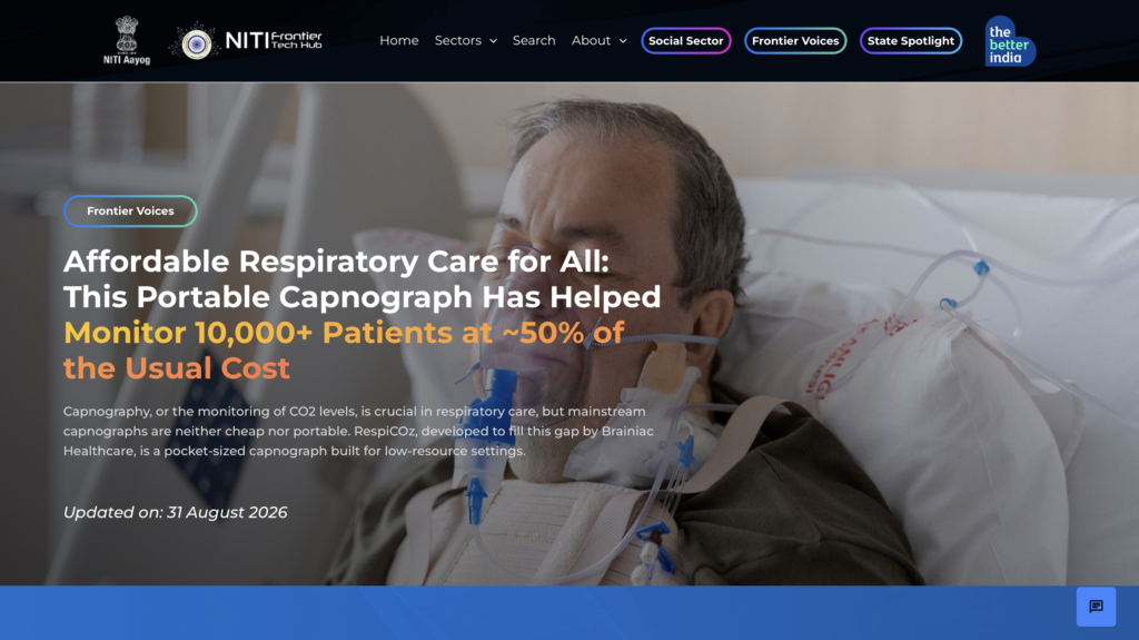 RespiCOz portable capnograph featured on the Niti Aayog Frontier Tech platform